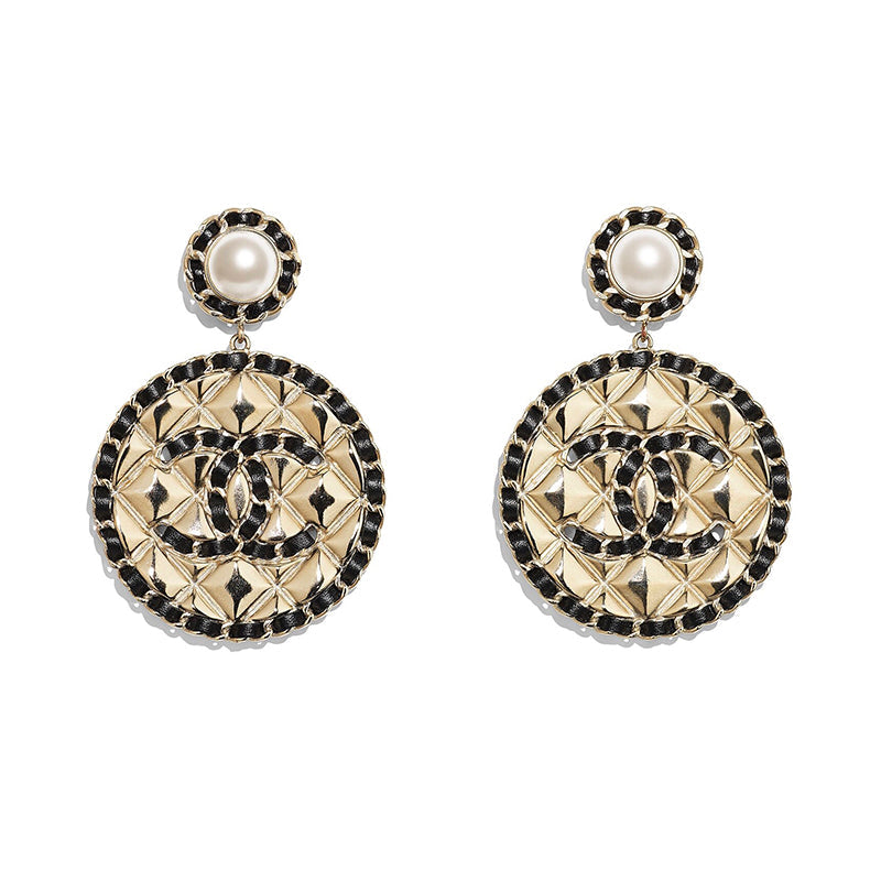 18K  Chanel Leather Round Earrings