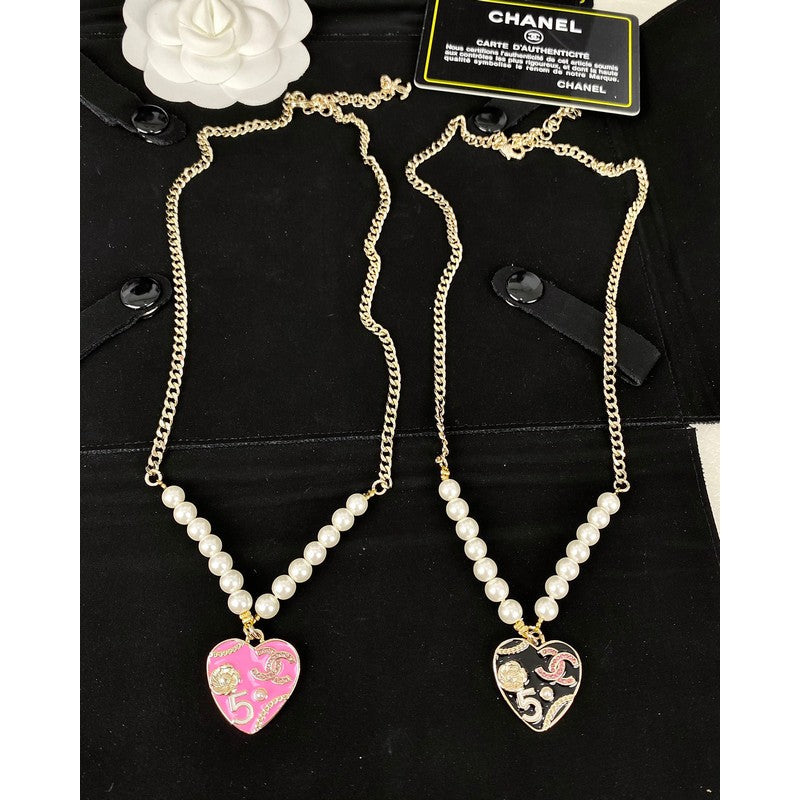 18K  Chanel Pink & Black Heart Pearl Necklace