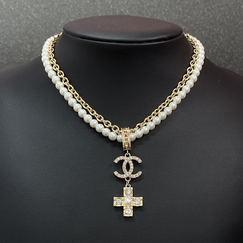 18K  Chanel Cross Diamond Pearl Chain Necklace