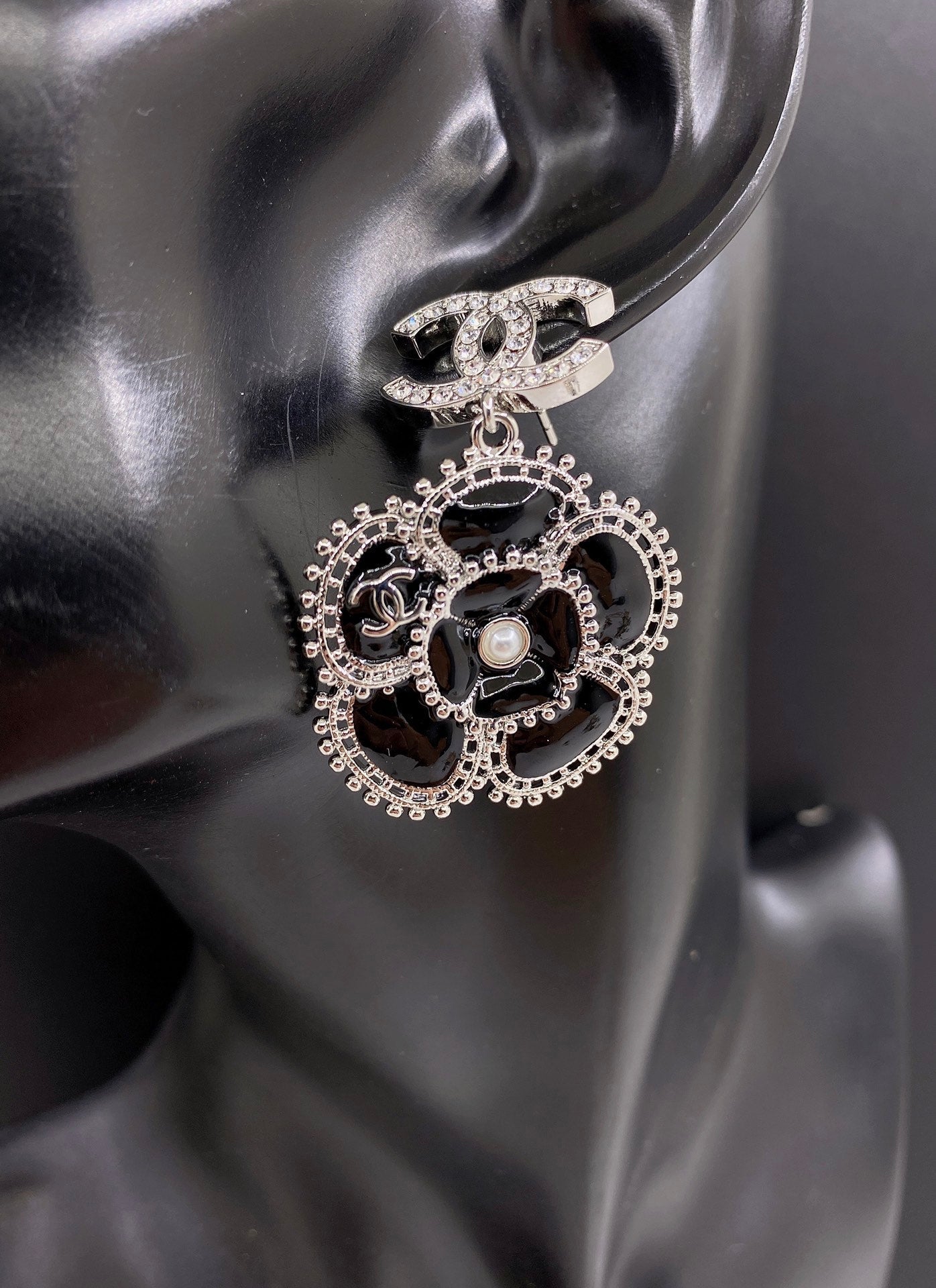 18K  Chanel Black Pearl Camellia Earrings