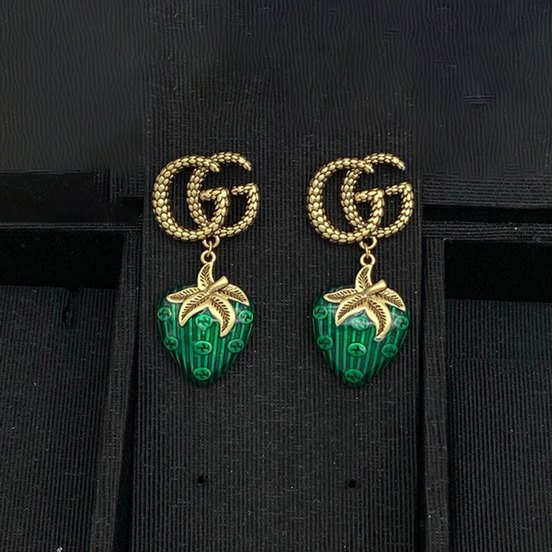 18K Double Gucci Green & Red Berry Earrings