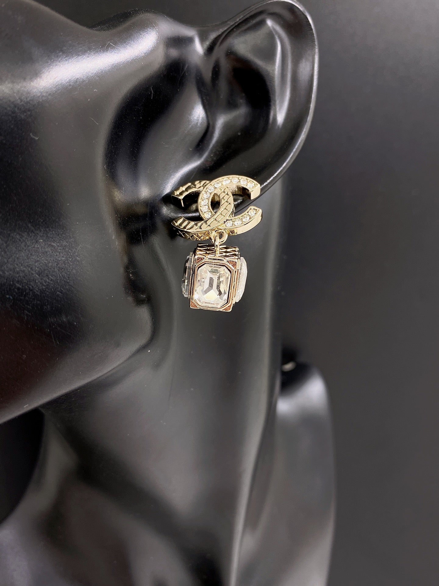 18K  Chanel Square Crystal Pendant Earrings