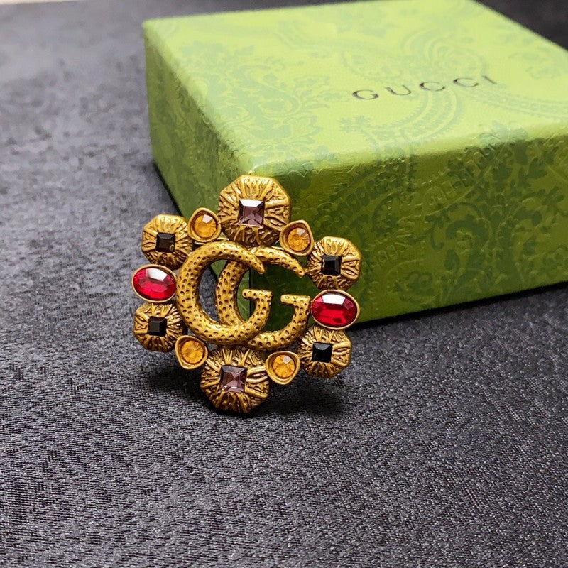 18K Double Gucci Flower Crystal Brooch