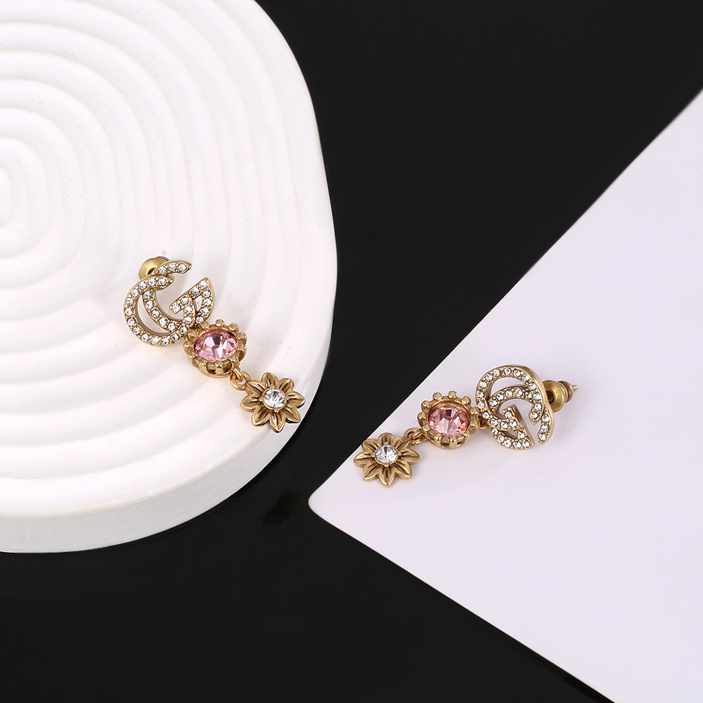 18K Double Gucci Flower Crystal Earrings