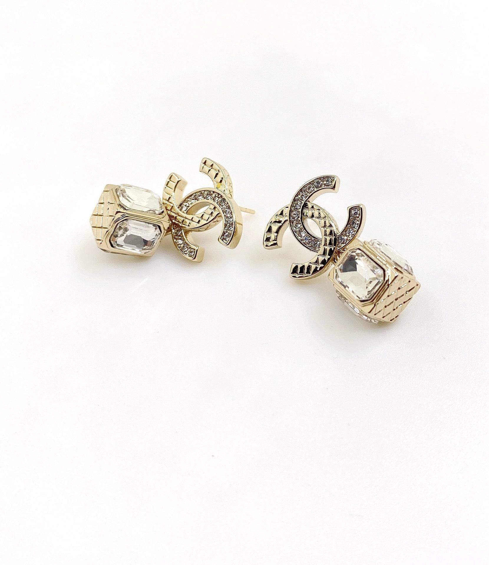 18K  Chanel Square Crystal Pendant Earrings