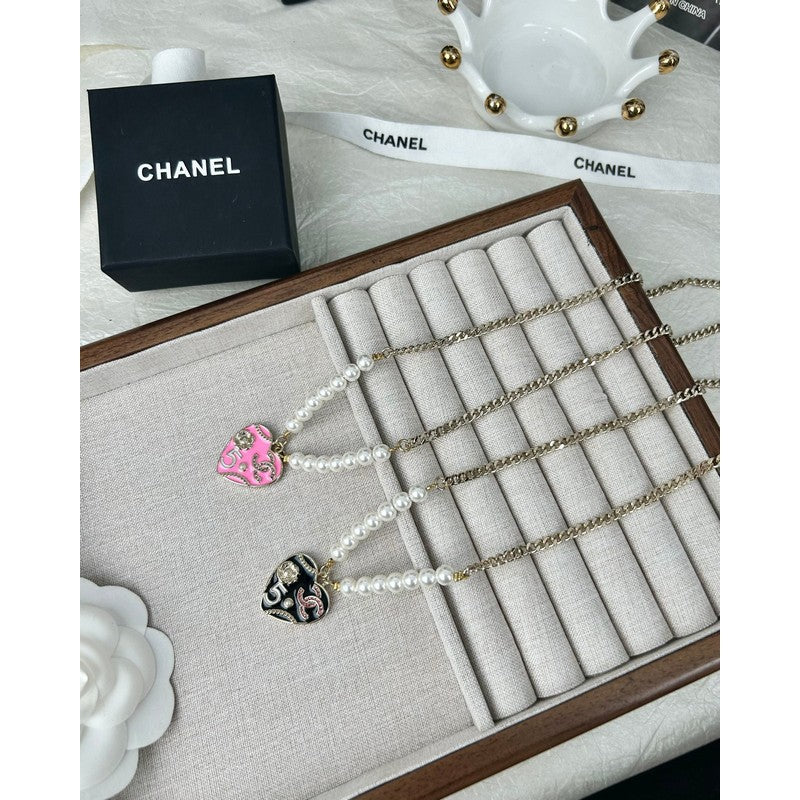 18K  Chanel Pink & Black Heart Pearl Necklace