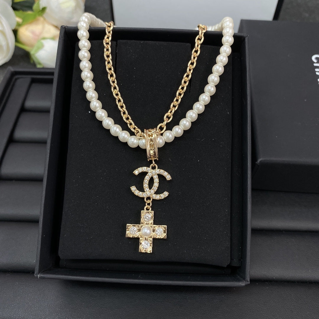 18K  Chanel Cross Diamond Pearl Chain Necklace