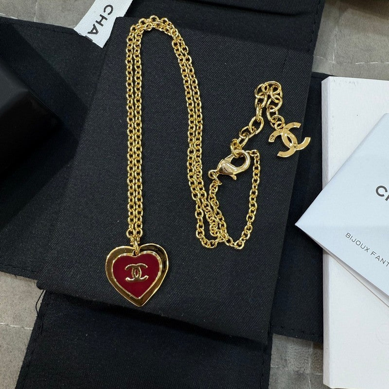 18K  Chanel Black & Red Heart Gold Necklace